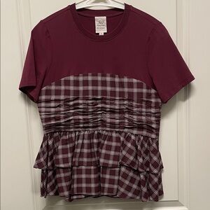 Cinq à Sept Burgundy and Plaid Top